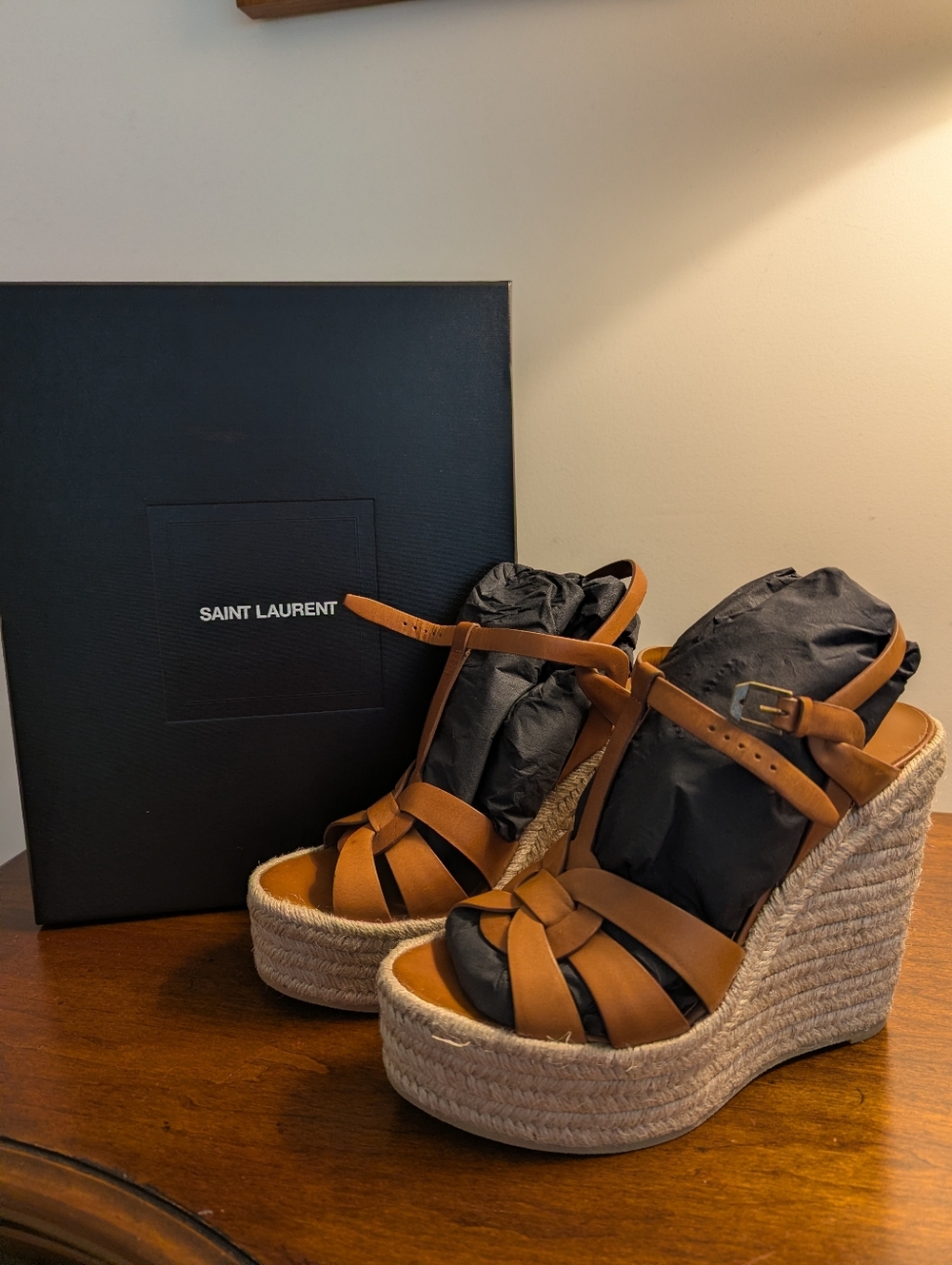 Saint Laurent Brown Leather Espadrille Wedge Sandals